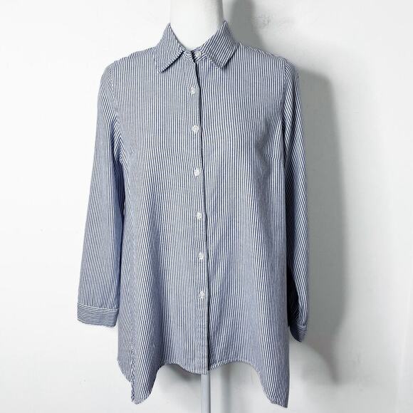 Zac & Rachel Button Up Shirt S Blue & White Striped Asymmetric Hem Long Sleeve - Picture 4 of 11